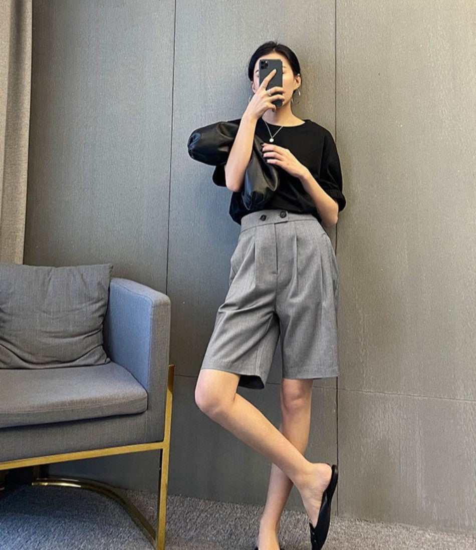 High Waist Wide Leg Suit Shorts for Women Spring Summer Button Straight Short Pants Office Lady Fashion Casual Womens Shorts