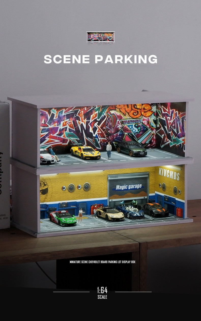 Estacionamento Simulado 1:64 com Luzes Cena em Miniatura Garagem de Brinquedo para Meninos Suporte de Exibição de Carros Coleção Infantil