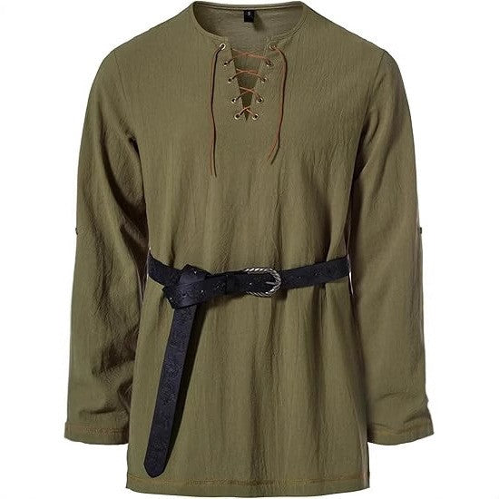 Men's Medieval Lace Up Tunic Shirt Renaissance Viking Pirate Costume Long Sleeve Retro Tops with Belt for Halloween Cosplay