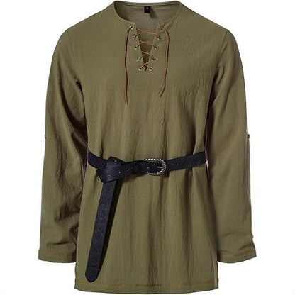 Men's Medieval Lace Up Tunic Shirt Renaissance Viking Pirate Costume Long Sleeve Retro Tops with Belt for Halloween Cosplay