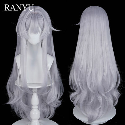 Long Wavy Silver Synthetic Wigs with Bangs Anime Game Cosplay Fluffy Heat Resistant Wig for Daily Party