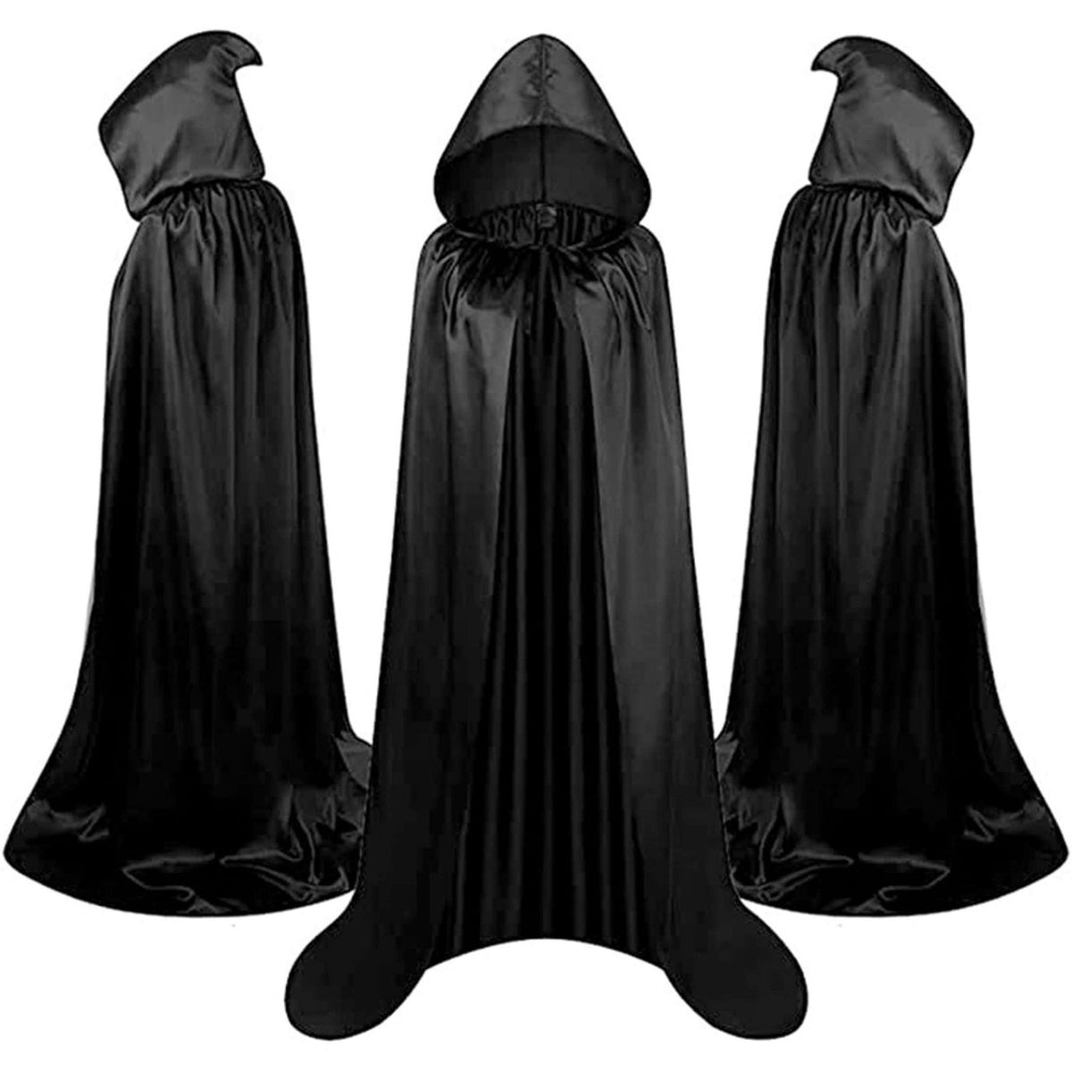 1 Piece of Halloween Cape with 3 Sizes Available. It is a black Grim Reaper cloak made of satin, featuring a stand-up collar