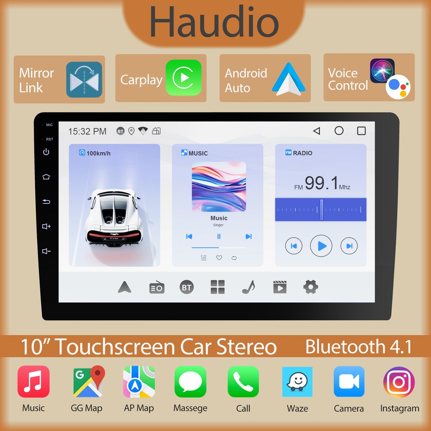 Central Multimídia Automotiva Duplo Din Sem Fio Haudio 10.1" com CarPlay e Android Auto, Rádio Automotivo com BT 4.1/Mirror Link/Câmera de Ré/FM/AM