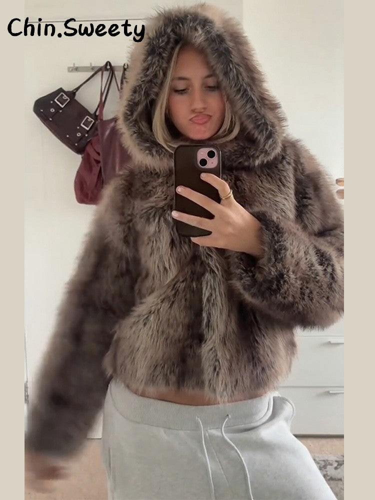 Warm Women's Hooded Faux Fur Cropped Coats Loose V-neck Full Sleeve Thicken Jacket Female 2025 Autumn Winter Lady Luxury Outwear