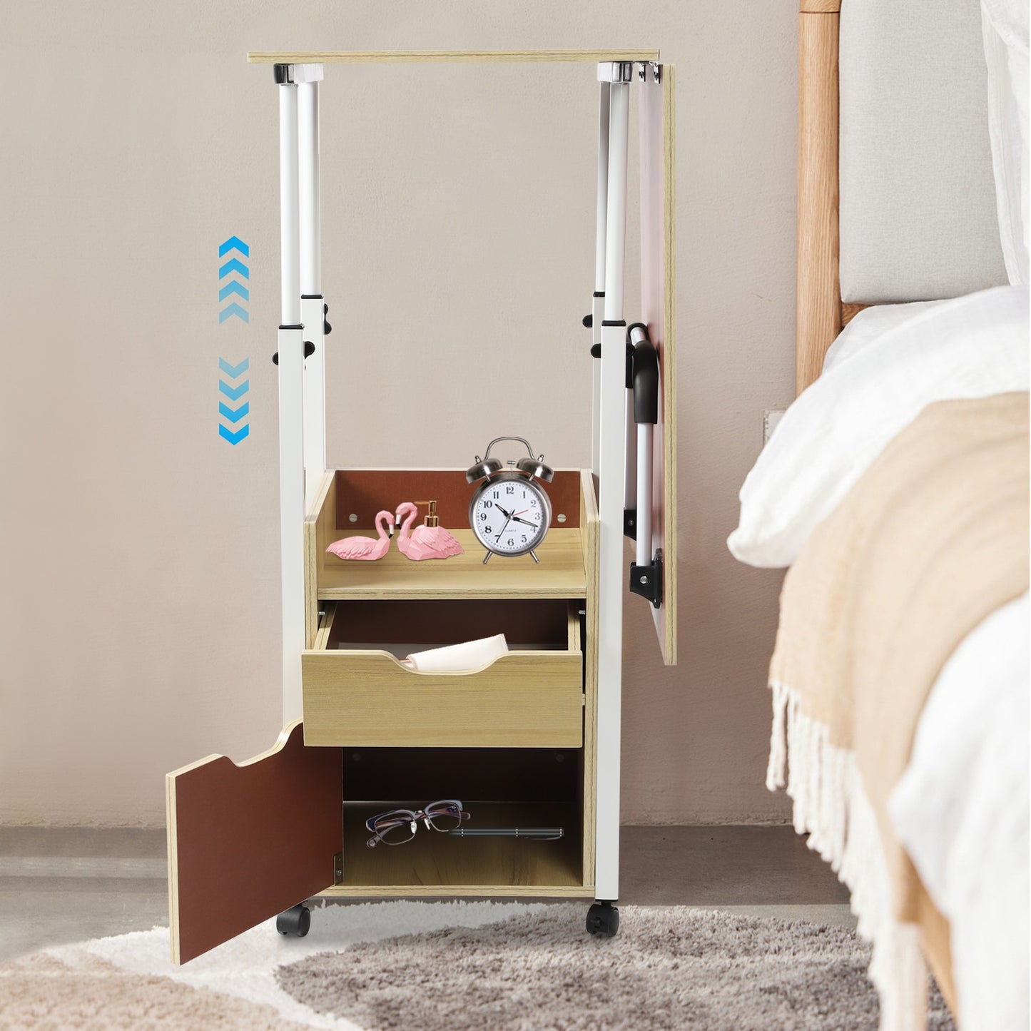 Foldable Laptop Desk with Wheels Height Adjustable Bedside Computer Table Portable Bedroom Office Table