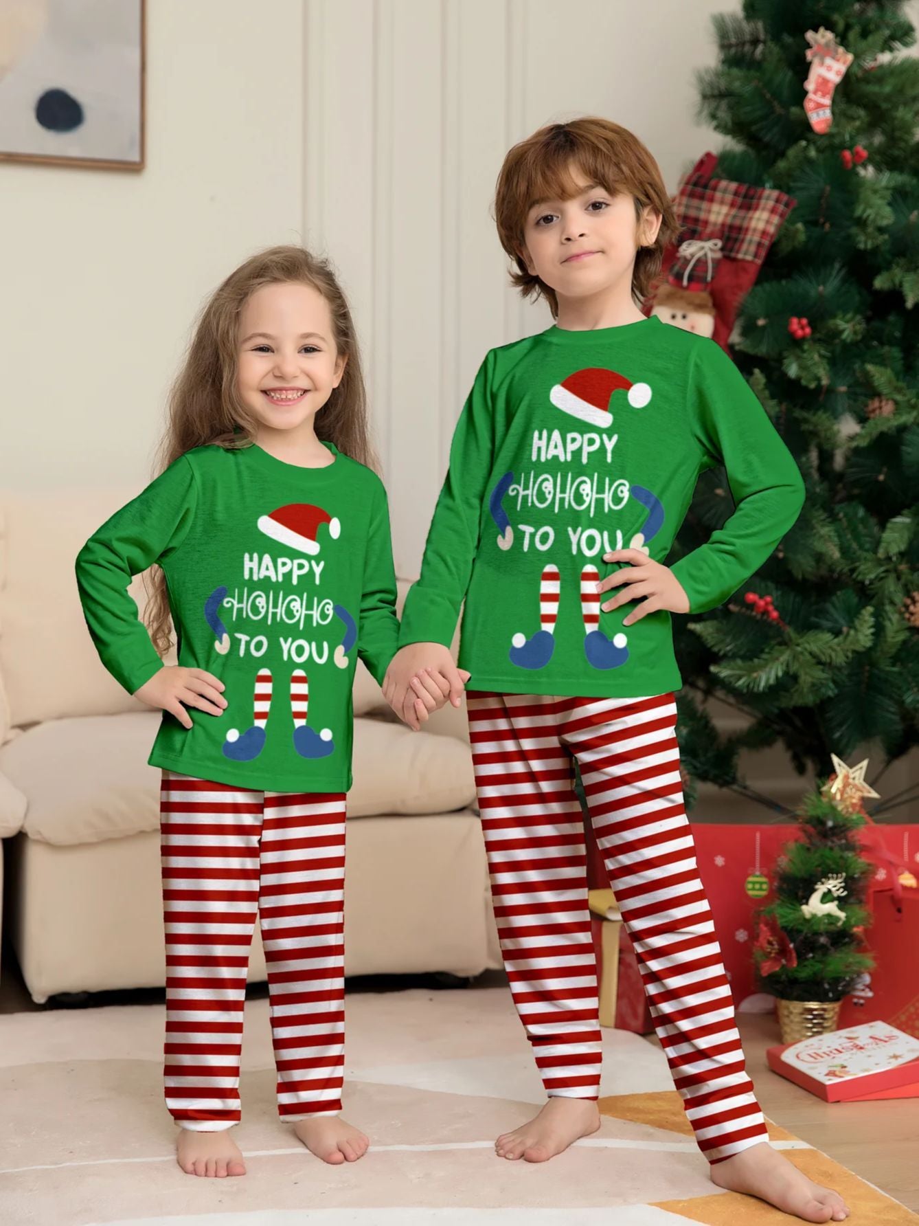 Merry Christmas Kids Matching Pajamas Elf "Happy HoHoHo" Green Top Red White Striped Sleepwear
