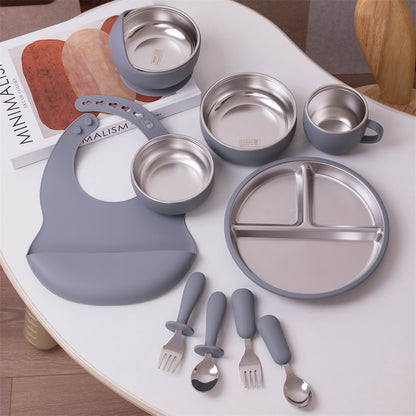 Color Kids 10PCS Infant Feeding Set Stainless Steel Silicone Tableware With Detachable Bowl Plate Bib Weaning Utensils For Baby