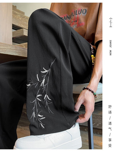 Novas Calças de Seda Gelo Chinesas Masculinas Verão Fina Solta Perna Larga Marca de Moda Seda Gelo Estilo Chinês Calças Casuais Bordadas Frescas
