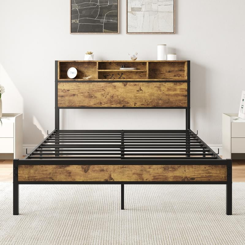 Full Size Bed Frame, Metal Platform Bed with Storage Headboard, Charging Station & Bookcase, No Box Spring Needed, Easy