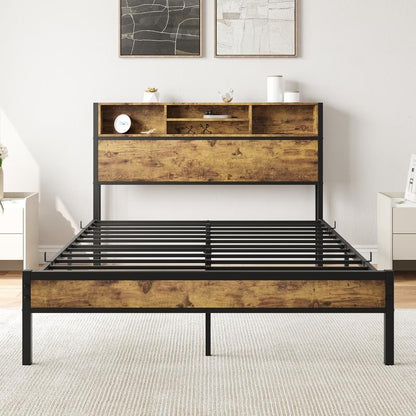 Full Size Bed Frame, Metal Platform Bed with Storage Headboard, Charging Station & Bookcase, No Box Spring Needed, Easy
