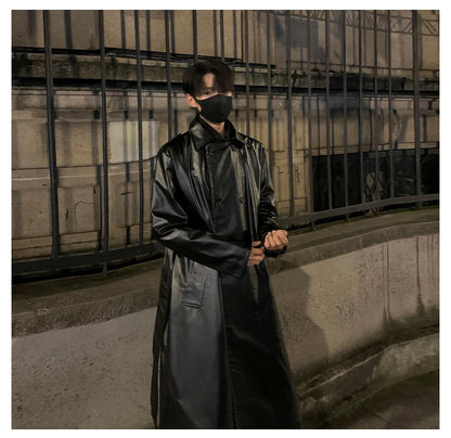 Autumn Trench Coat Men's High-end Luxury Double Row PU Leather Coat Male Long Korean Style Windbreaker Motorcycle Leather Jacket