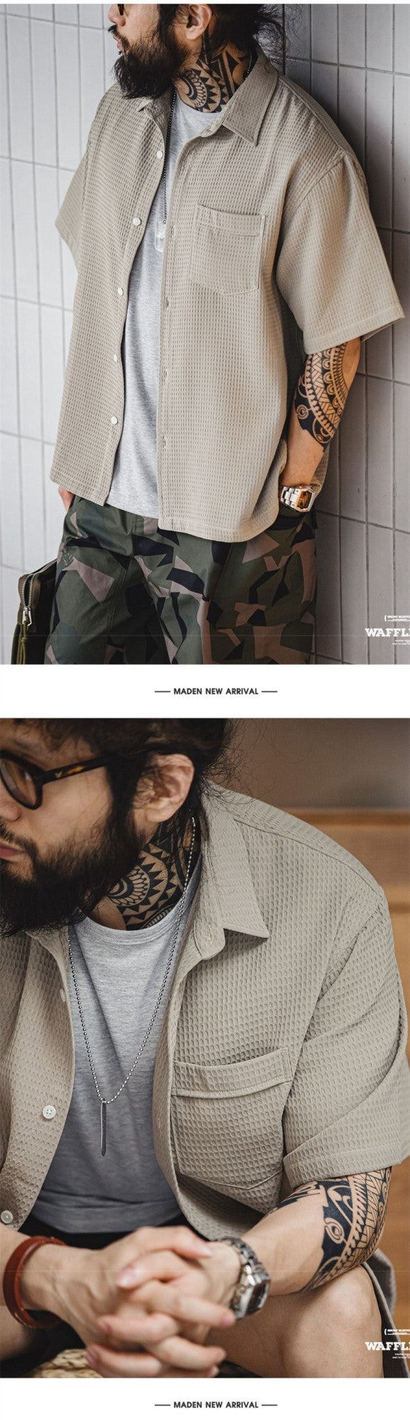 Summer Men's Waffle Short Sleeve Cargo Shirts 2025 New Casual Retro Breathable Lapel Blouse Y2K Vintage Streetwear Tee Shirt