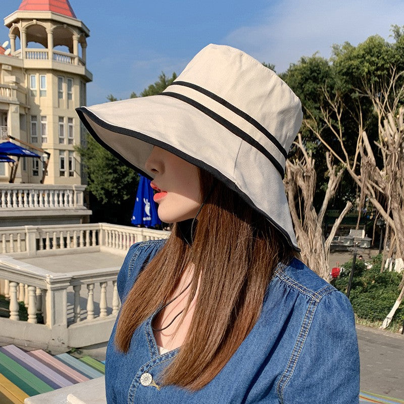 Women Summer Wide Brim Striped Bucket Hat Soft Cotton Fordable Panama Cap For Lady Outdoor Solid Color JK Beach Tour Basin Hat