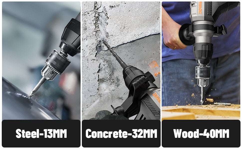 DOVAMAN Martelete Rotativo SDS-Plus 1-9/16", Furadeira de Impacto 12,5A, Embreagem de Segurança, Controle de Vibração, para Concreto