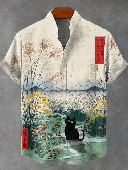Men's Linen Short Sleeve Shirt Casual Top Single Button Vintage Cartoon And Art Cat Summer Print Top
