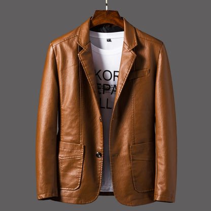 Spring/Autumn Leather Jacket - Plus Size Men's Youth Suit Collar Business Casual Leather Jacket European Sizes XS-3XL