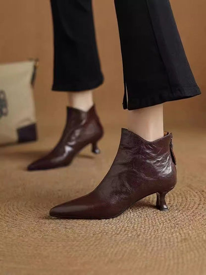 Elegant with Medium Heels Booties Autumn Winter Fleece-Lined Female Short Shoes Pointed Toe Leather Chelsea Women's Ankle Boots