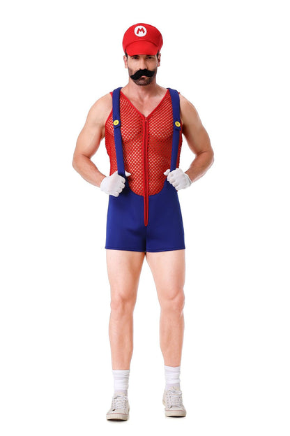 Halloween Cosplay Men's Anime Super Luigi Bros Hollow Overalls Jumpsuits Costume Carnival Party Disguise Plumber Funny Onesie