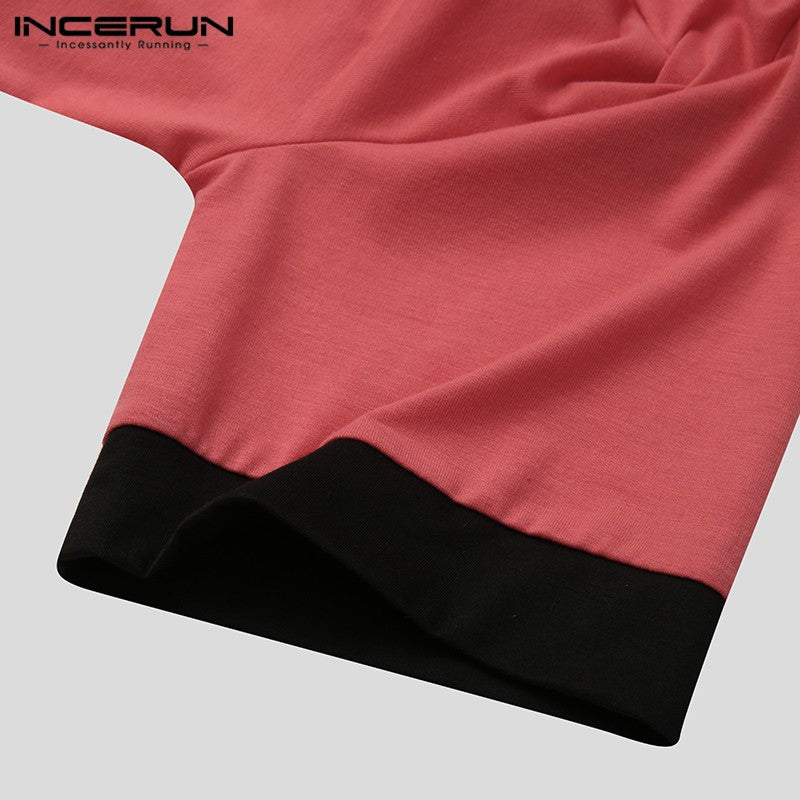INCERUN 2024 Men Sleep Robes Short Sleeve V Neck Nightgown Patchwork Cozy Homewear Fashion Loose Mens Bathrobes Dressing Gown