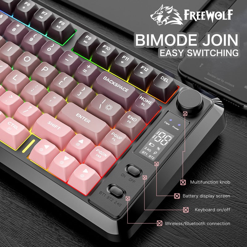 Teclado Gamer Sem Fio Compacto FREE WOLF M75 82 Teclas - Modo Duplo (Bluetooth/2.4G) Retroiluminação RGB Tela OLED Bateria Grande
