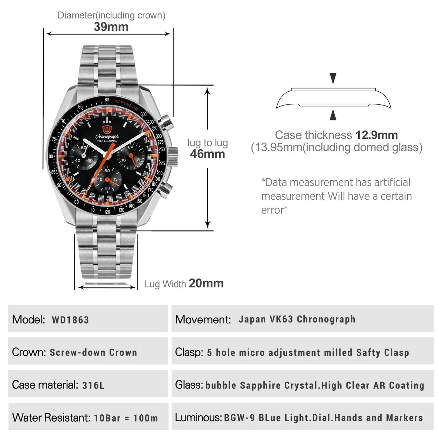 Watchdives WD1863 Mechanical Quartz Watches Black Spaces VK63 Chronograph Sports Watches Man Bubble Sapphire Waterproof Watch