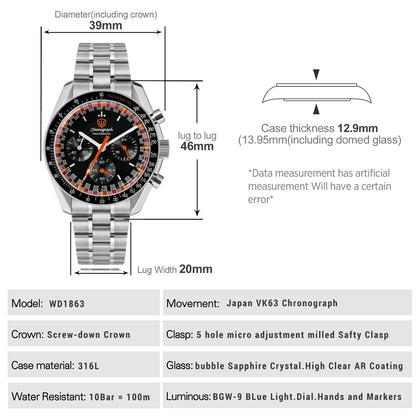 Watchdives WD1863 Mechanical Quartz Watches Black Spaces VK63 Chronograph Sports Watches Man Bubble Sapphire Waterproof Watch