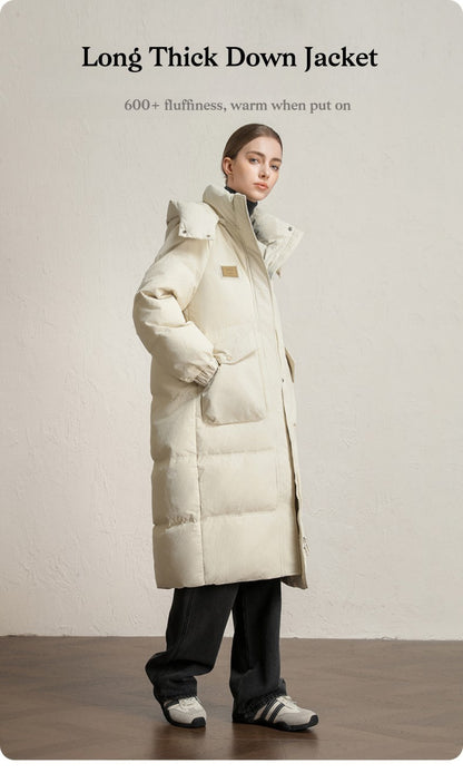 CLARKE QUEEN Long Down Jacket for Women Winter Duck Down Coat Hooded Over-the-Knee Casual Thickened Fitted Padded Puffer Coat