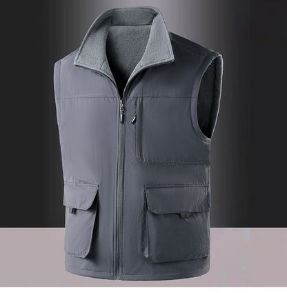 Colete de Pesca Masculino de Veludo Outono e Primavera Novo, Casaco de Veludo para Homem, Colete de Trabalho Solto e Moderno com Vários Bolsos para Homens de Meia-Idade