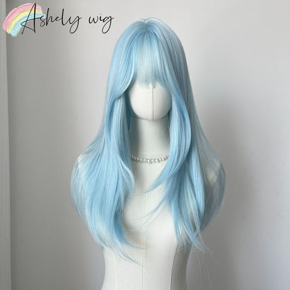 Lce Blue Wig with Bangs 22inch Middle Straight Hair Wig Lolita Nature Looking Headband Heat Resistant Fibers Synthetic Wigs ??