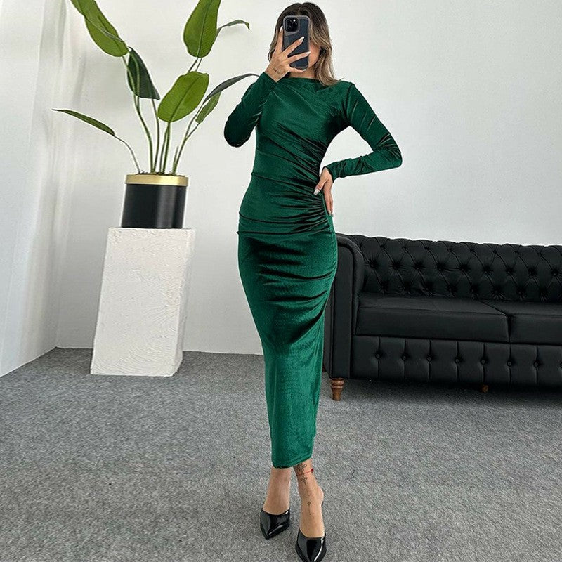 Dulzura 2024 Spring Summer Velvet Long Sleeve Midi Dress For Women Ruched Long D