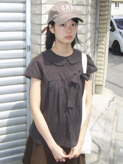 Vintage Plaid Shirts Women Japanese Harajuku Bow Peter Pan Collar Blouses Summer Korean Aesthetic Short Sleeve Casual Tops New