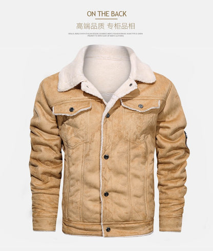 Autumn Winter Coat Men Jacket Vintage Solid Turn-Down Collar Outdoor Training Suede Zip Pocket Lamb Fleece Collar Warm Jacket