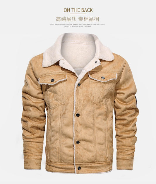 Autumn Winter Coat Men Jacket Vintage Solid Turn-Down Collar Outdoor Training Suede Zip Pocket Lamb Fleece Collar Warm Jacket