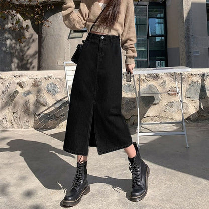 Summer Women High-waist Retro A- line Skirt Pockets Front Slit Washed Blue Denim Skirts Hip-covering Straight Long Jeans Skirt