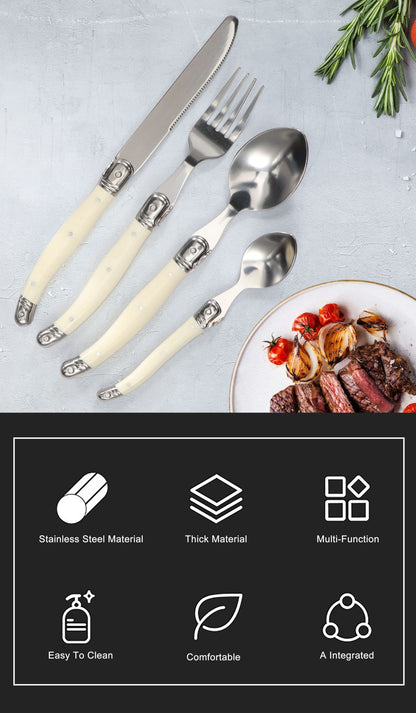 Conjunto de 4 Garfos, Facas e Colheres de Bife Jaswehome Laguiole, Acabamento Espelhado, Aço Inoxidável Coreano, Talheres de Prata