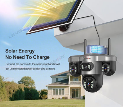 LS VISION Multiple Lens 3 Screen Wifi Outdoor Security Solar  Camera Panoramic Monitor Mobile   Siren Alarm Solar CCTV Camera