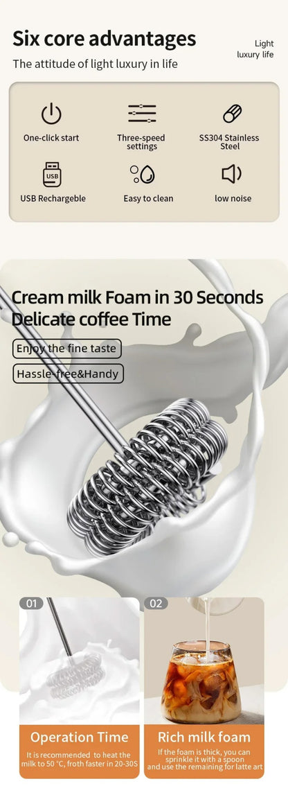 Espumador de leite elétrico recarregável portátil para bebidas, máquina de café, batedor de ovos de 3 velocidades, mixer multifuncional para cozinha doméstica