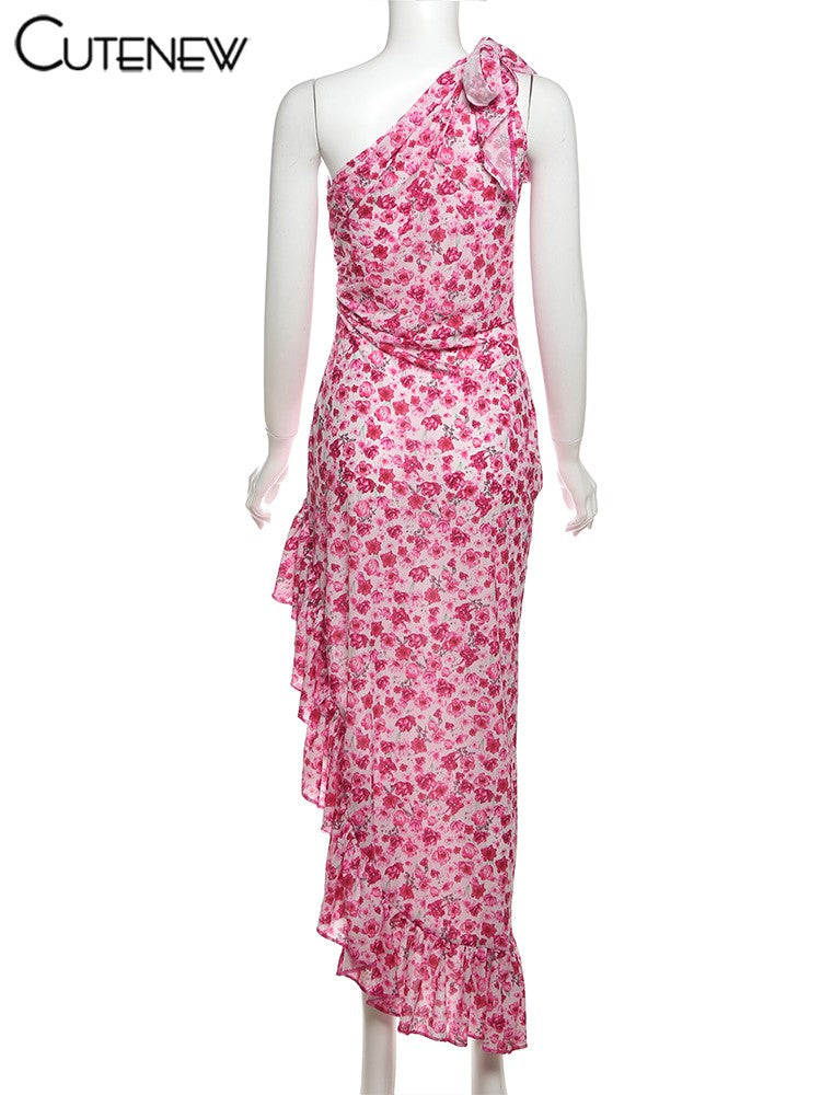 Cutenew Floral Print Women Midi Dresses Fashion Incline Shoulder Bandage Ruffle