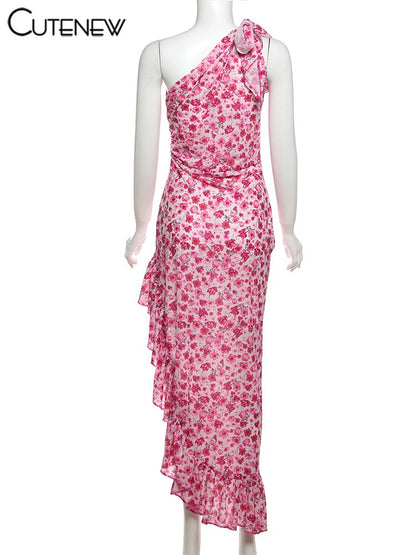Cutenew Floral Print Women Midi Dresses Fashion Incline Shoulder Bandage Ruffle