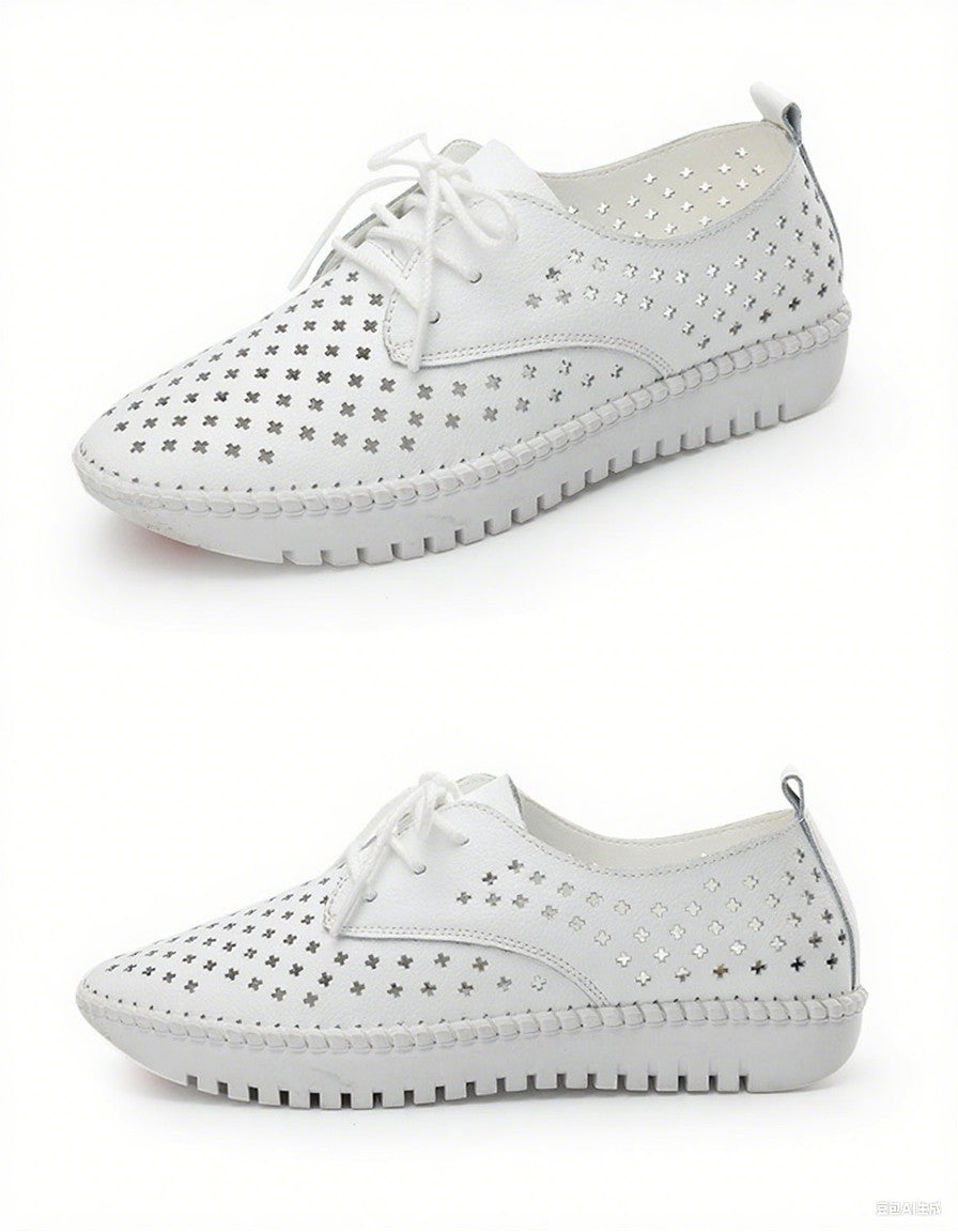 Genuine Leather ladies flats sneakers shoe Women casual loafers shoes female Hollow moccasins White Lace up canvas Boat shoes