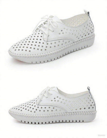 Genuine Leather ladies flats sneakers shoe Women casual loafers shoes female Hollow moccasins White Lace up canvas Boat shoes