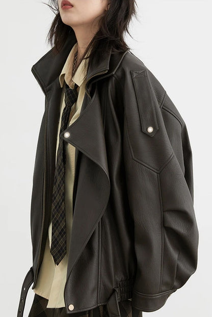 Mauroicardi Spring Autumn Retro Black Oversized Pu Leather Motorcycle Jacket Women Belt Zipper Luxury European Fashion 2025