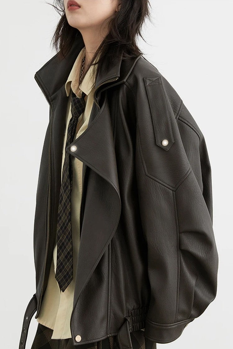 Mauroicardi Spring Autumn Retro Black Oversized Pu Leather Motorcycle Jacket Women Belt Zipper Luxury European Fashion 2025