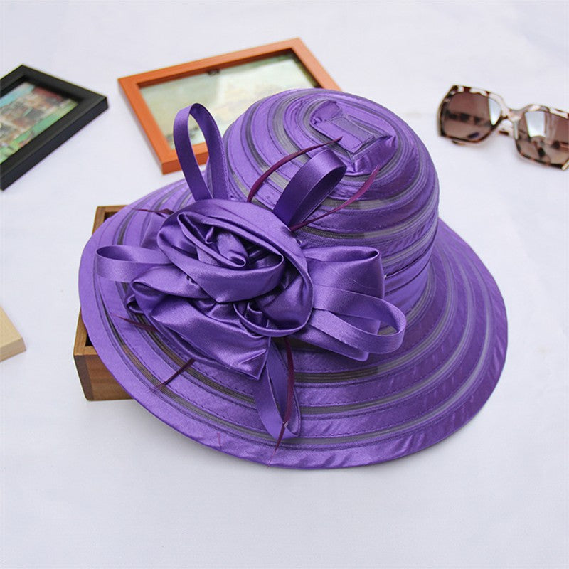 Chapéus de Sol de Organza Femininos Elegantes Chapéu Bucket para Mulheres Chapéu de Festa de Casamento na Igreja Chapéu Fedora Floral Grande de Aba Larga da Moda de Verão