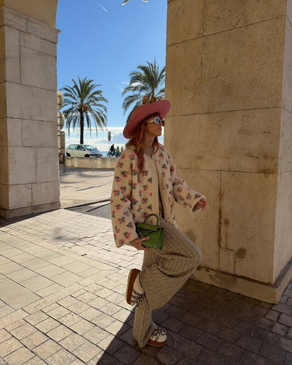 Women Printed Short Fleece Jacket Fashion Casual Round Neck Single Breasted Pocket Loose Jackets Lady Daily Commute Office Coat