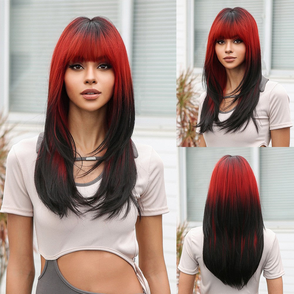 Peruca de cobertura total, peruca rosa gradiente marrom escuro, peruca de cabelo liso com franja, adequada para o role-playing diário feminino,