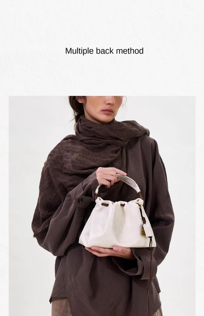 Songmont Genuine Leather Mini Bucket Bag Adjustable Drawstring Multi Straps White Black Blue Casual Chic Crossbody Bag Oversized