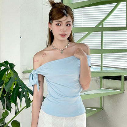 CUTENOVA 2024 Women'S Summer Ins Style New Shrink Pleated One-Shoulder Crop Top Backless Twist Tie Asymmetric T-Shirt Casual Top