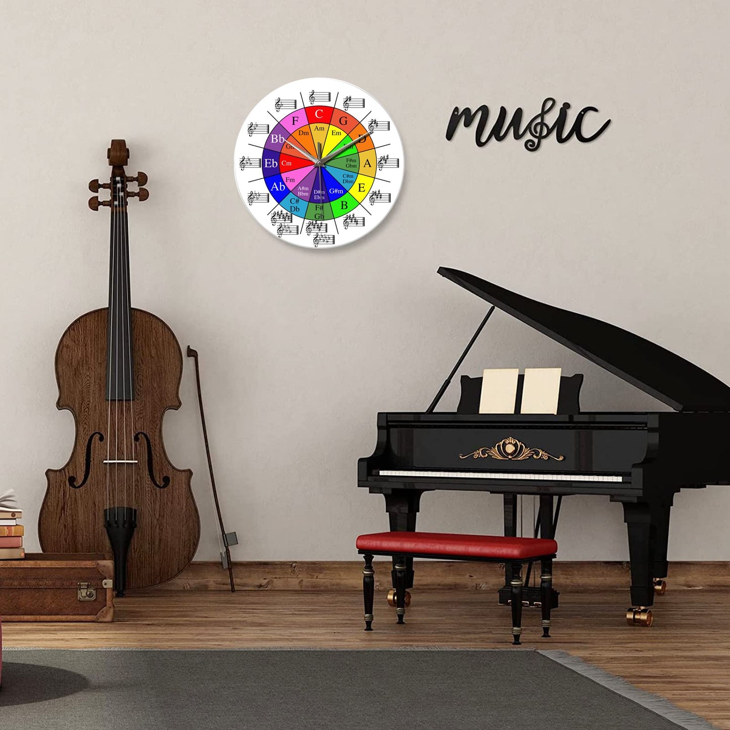 Personalized Music Five-Circle Music Theory Pattern Tempered Glass Wall Clock Living Room Bedroom Kitchen Home Decoration Wall Clock Silent Quartz Clock Holiday Gift 12 Inches 14 Inches 16inch (Without Batteries)