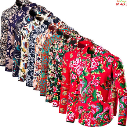 Chinese Style Men's Stand-up Collar Long-sleeved Shirt, Single-breasted Printed Shirts, Fashion Casual Camisas, Red Green Blue